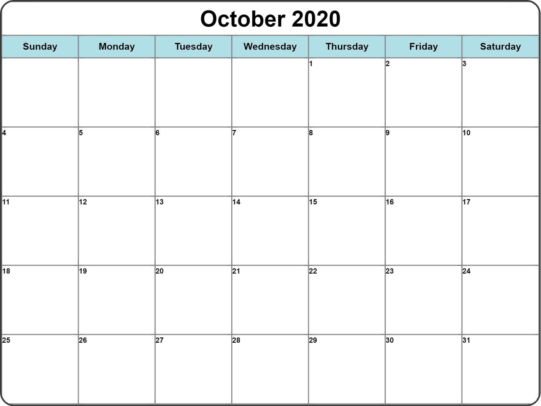 2020 Calendar October