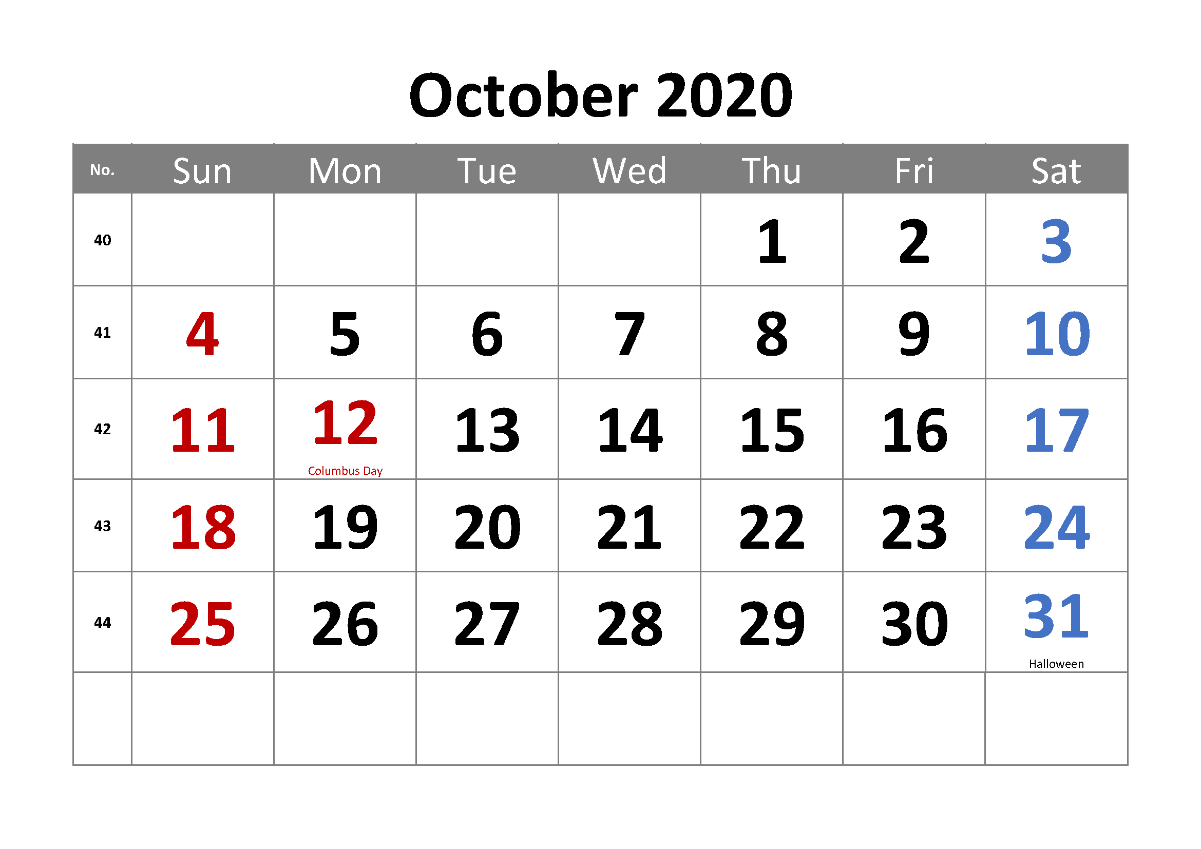 Calendar for October