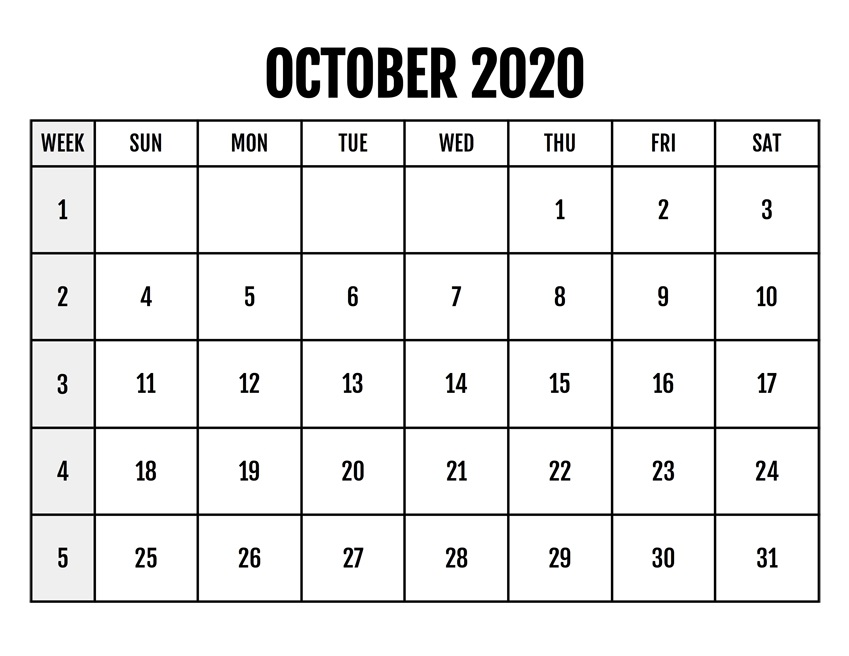 Calendar for October