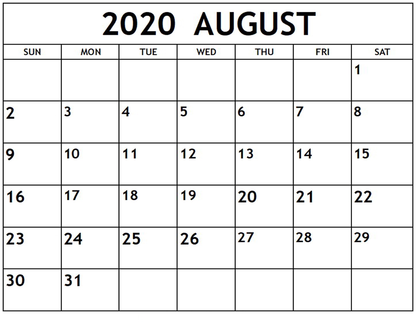 August 2020 Calendar