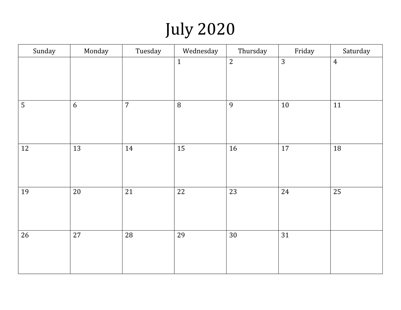 July 2020 Calendar