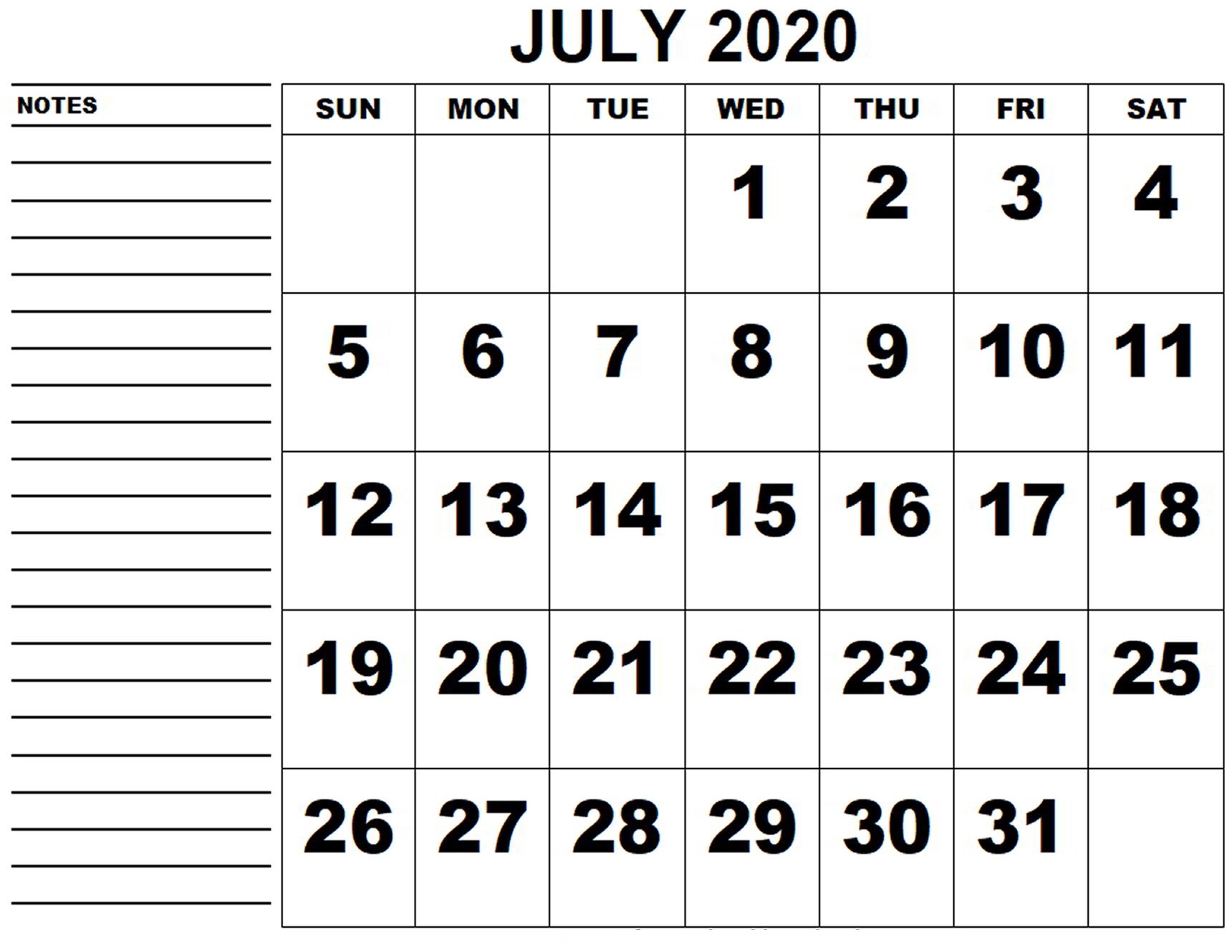 July 2020 Blank Calendar Page