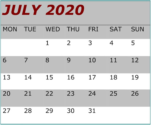 July 2020 Blank Calendar Word