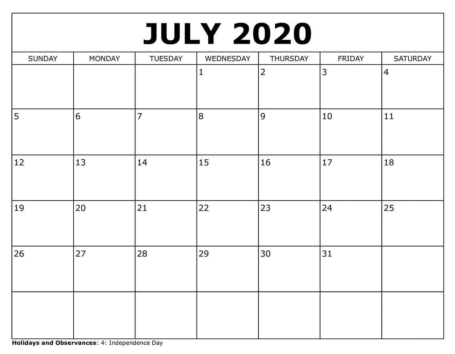 July 2020 Calendar Printable