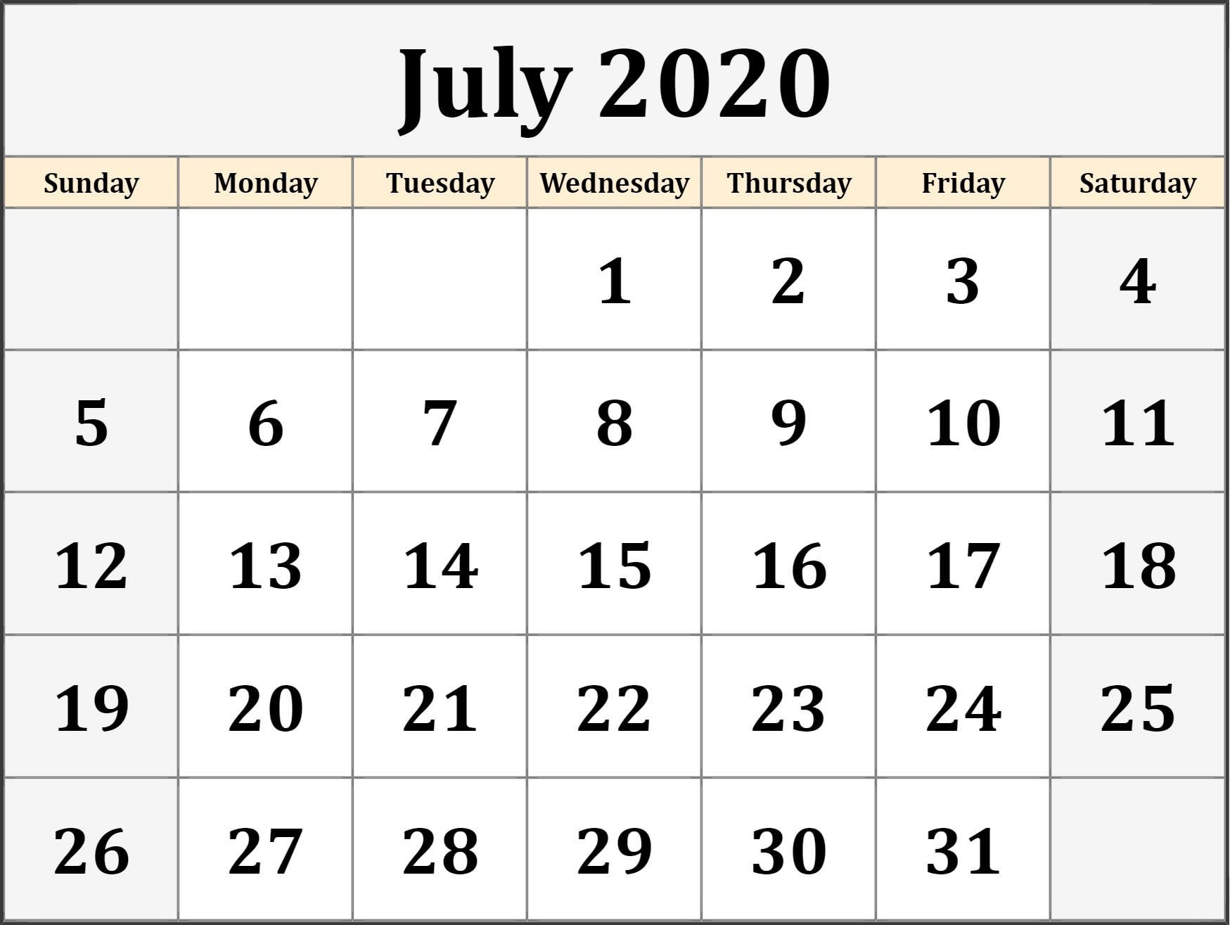 Printable 2020 Calendar