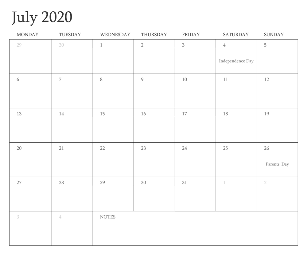 Printable 2020 Calendar