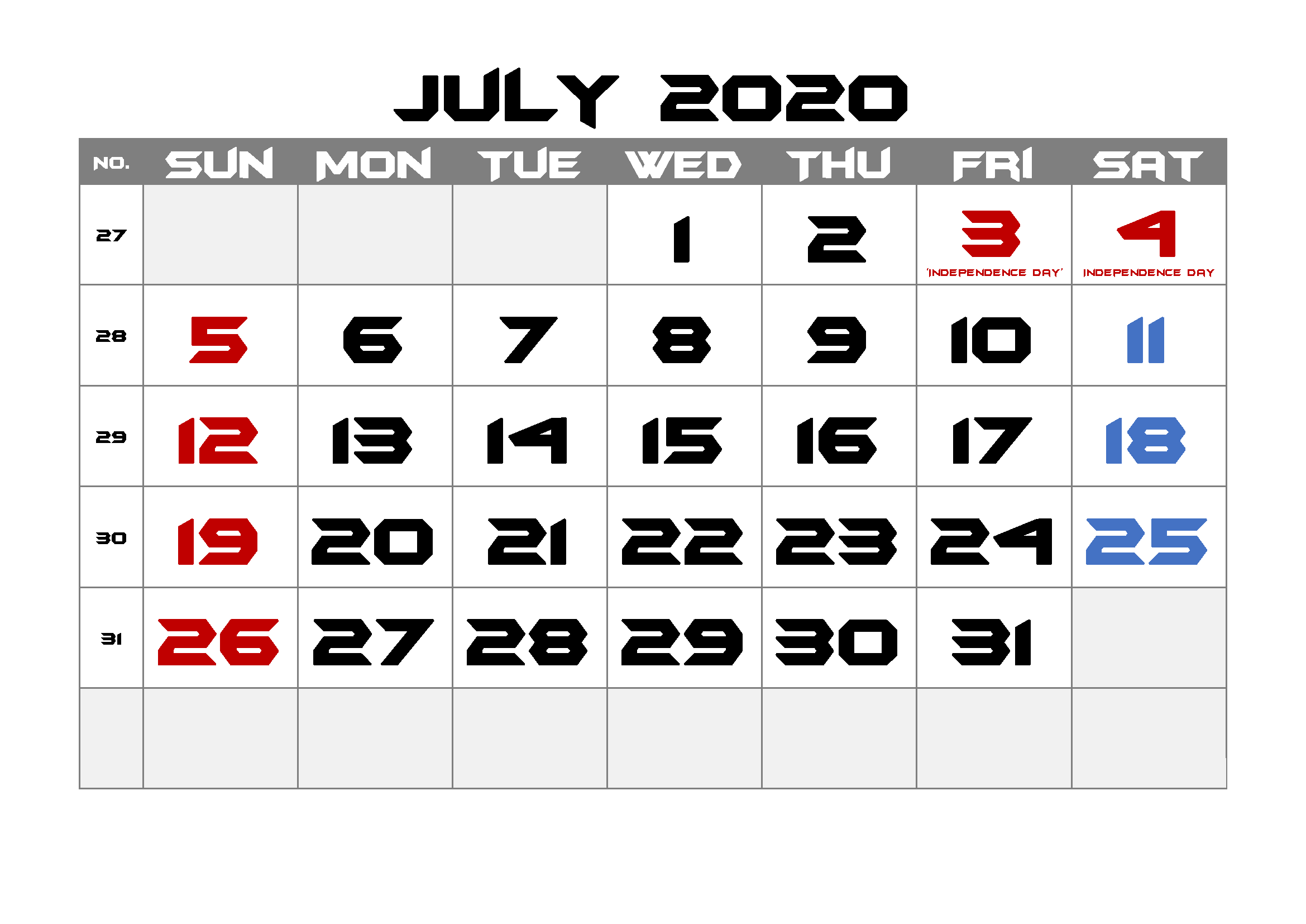 July 2020 Calendar