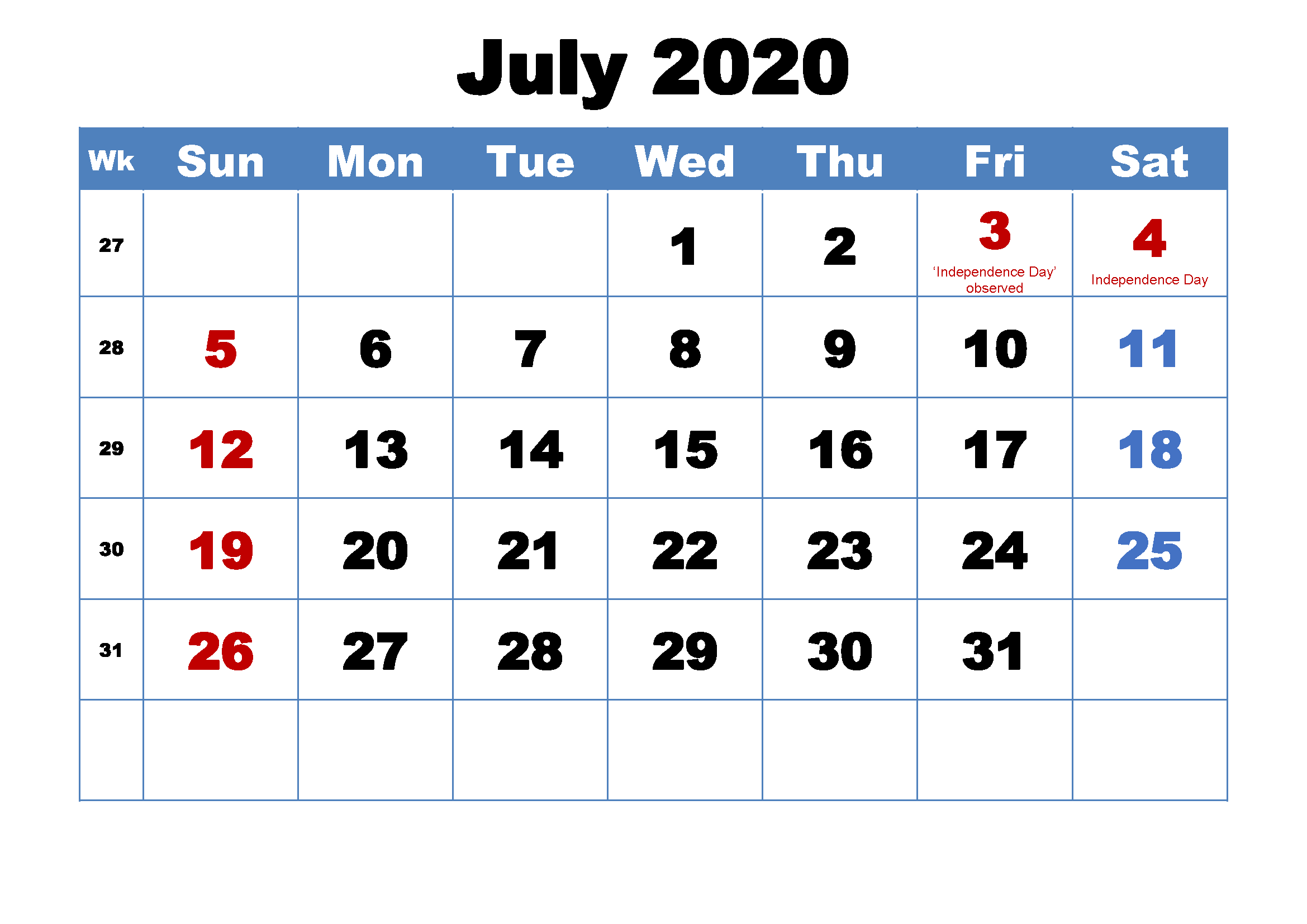 July 2020 Calendar Template Google Sheet