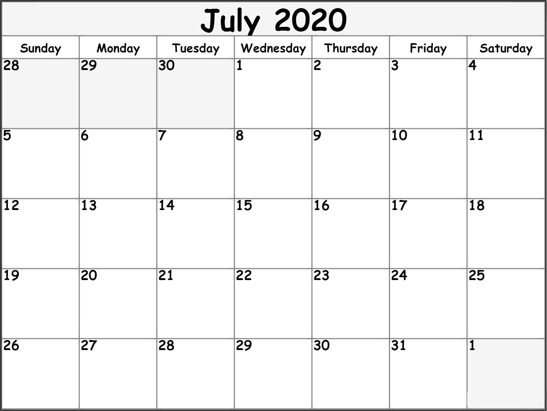 July 2020 Calendar