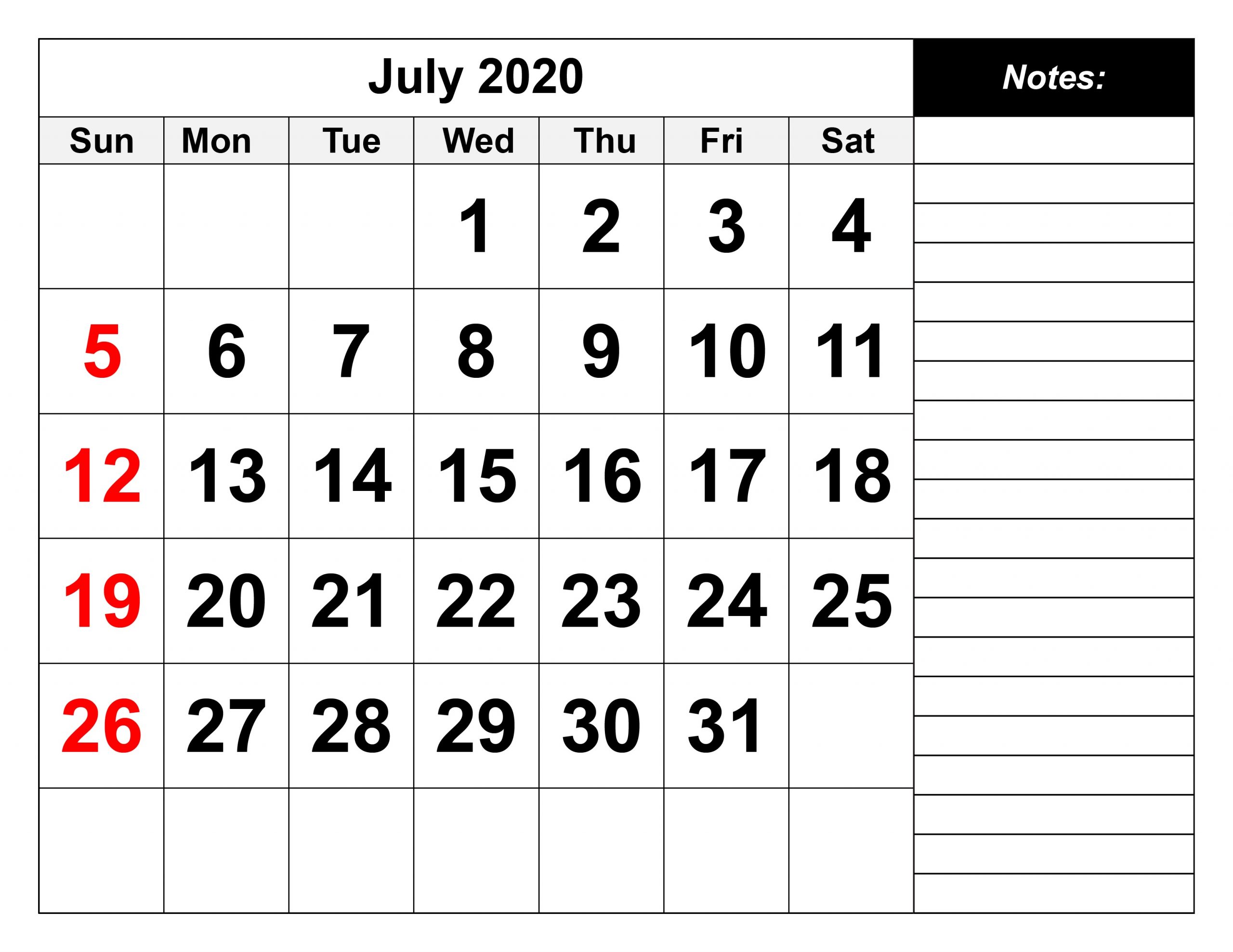 July 2020 Calendar