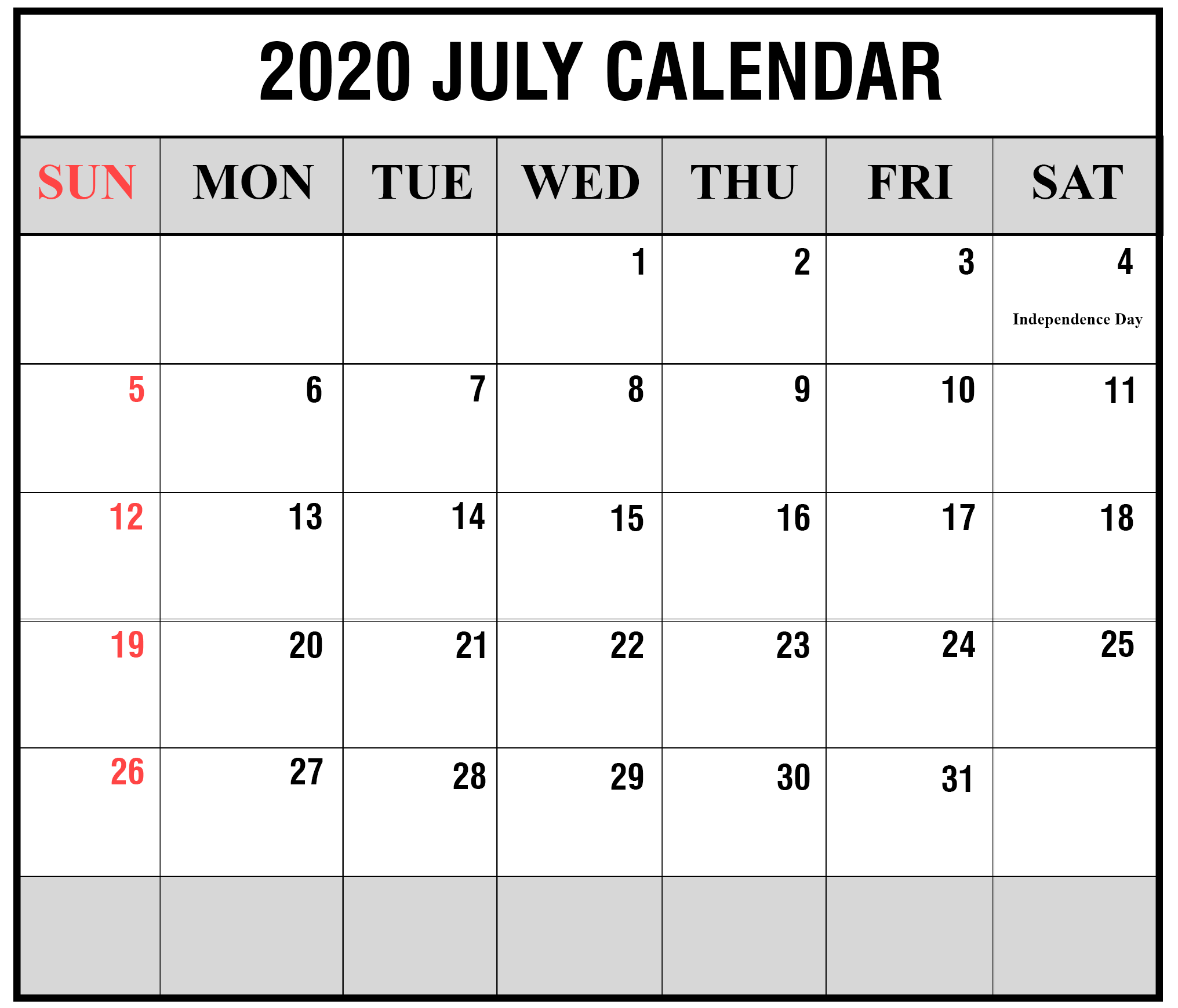 July 2020 Calendar