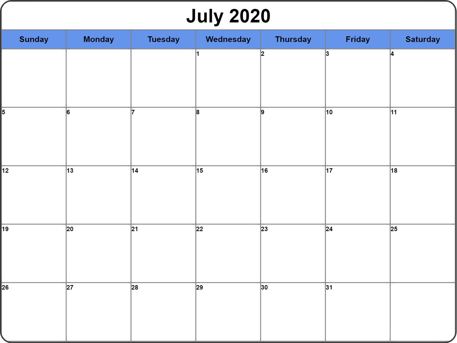 July 2020 Printable Calendar