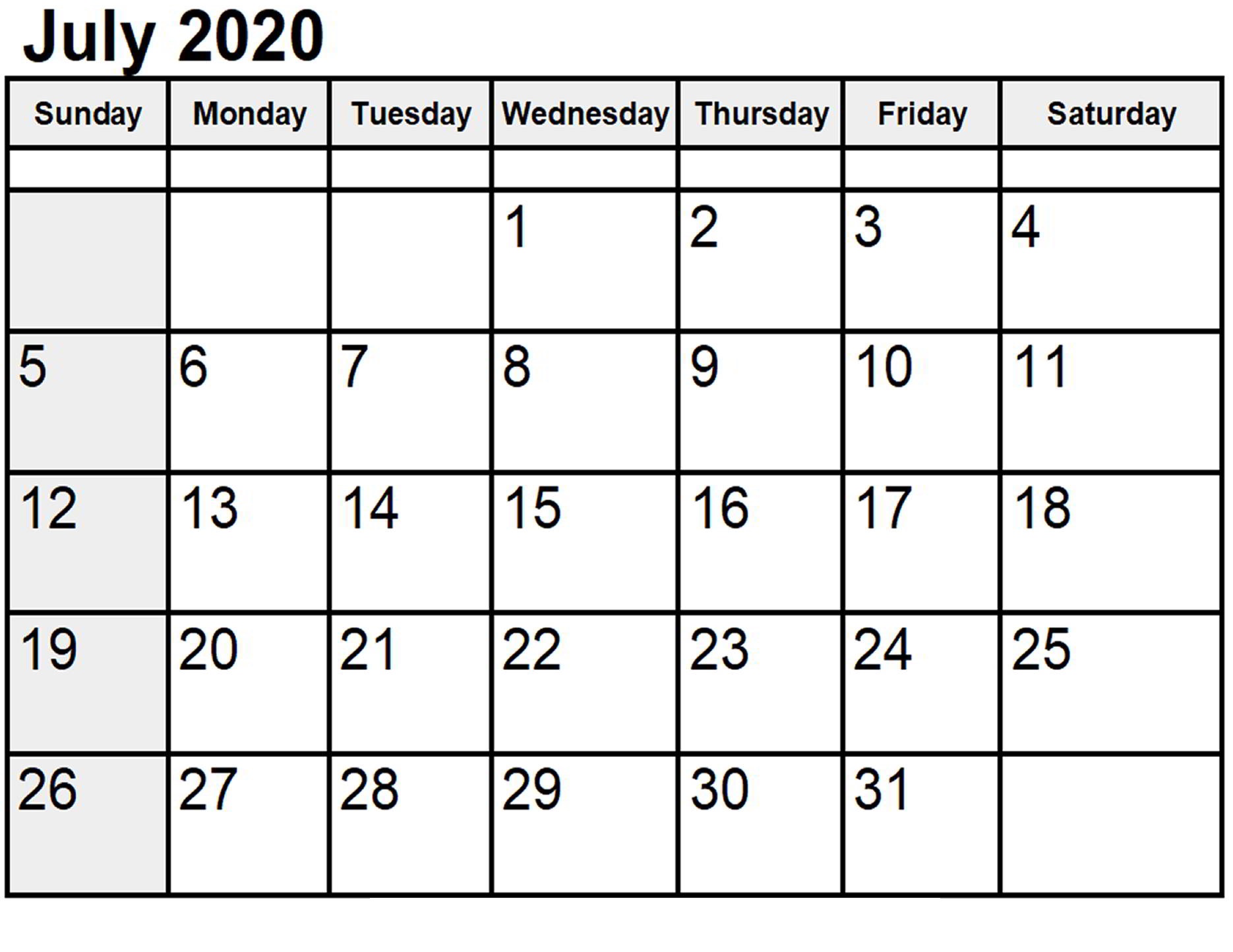 July 2020 Printable Calendar Free