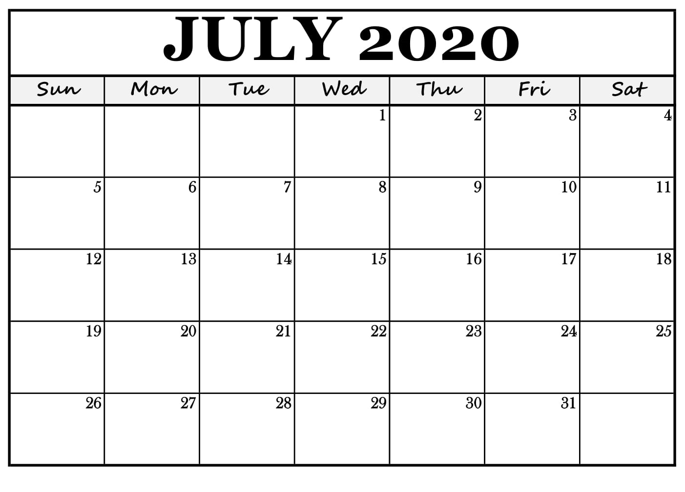 2020 Printable Calendar