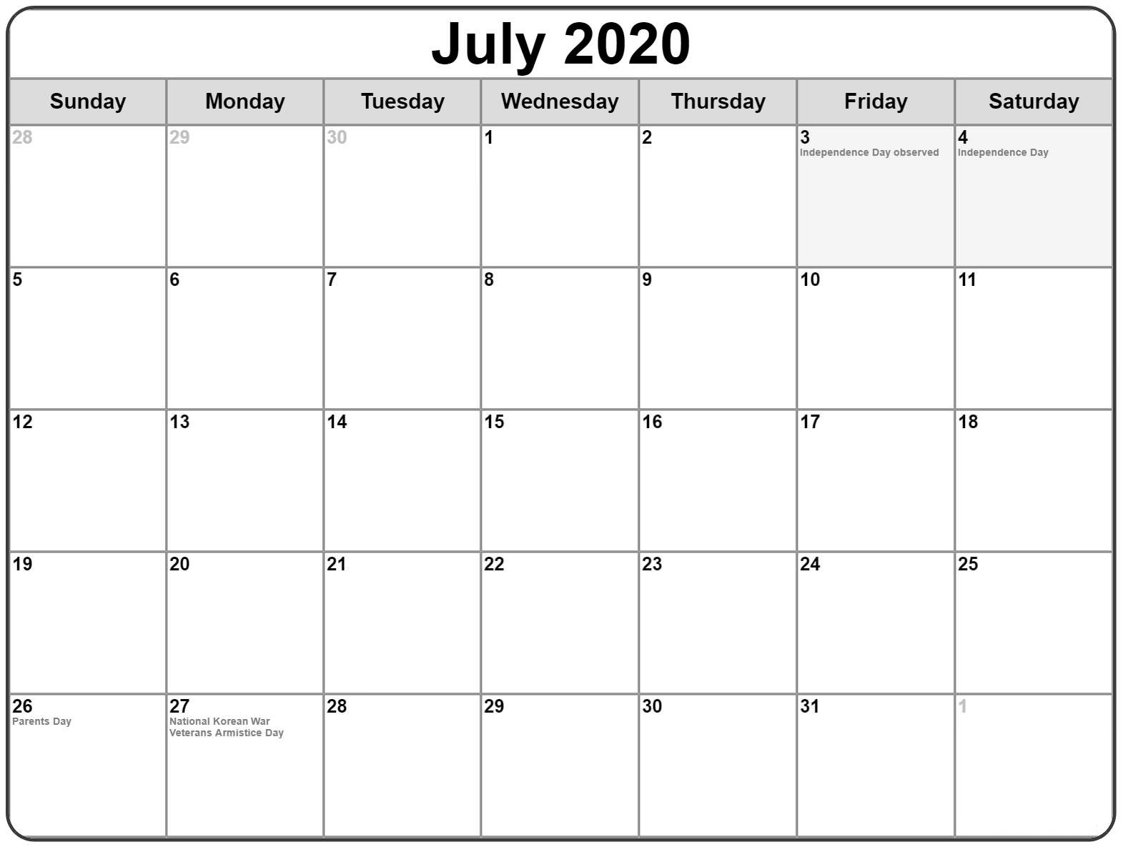 2020 Printable Calendar