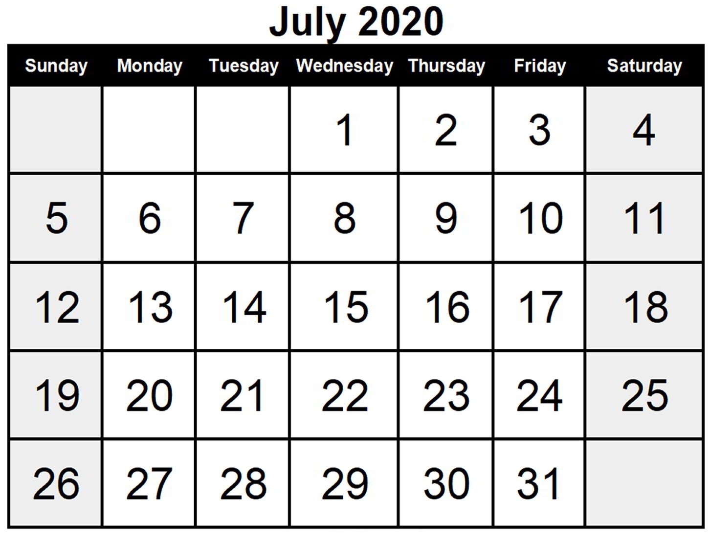 2020 Printable Calendar