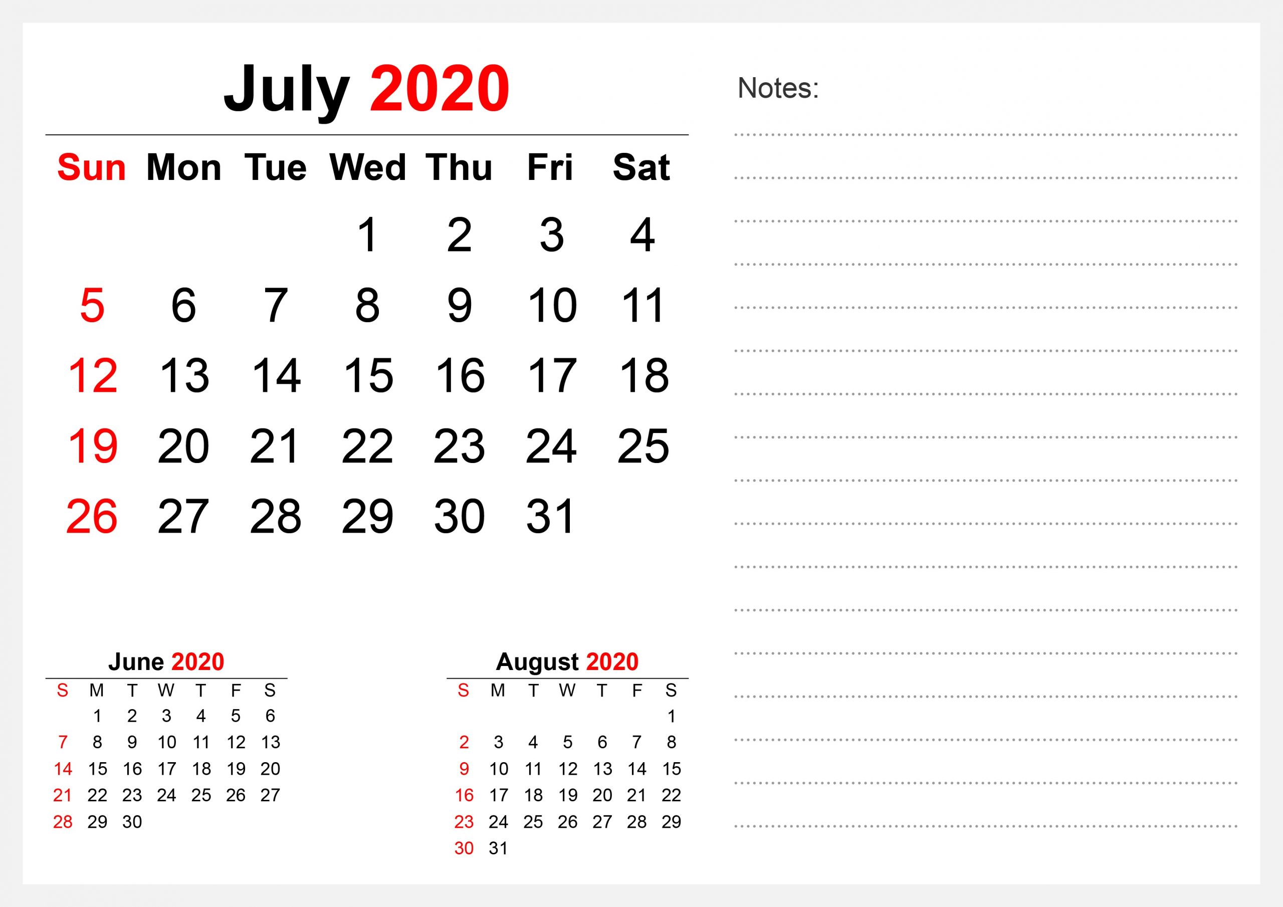 2020 July Calendar