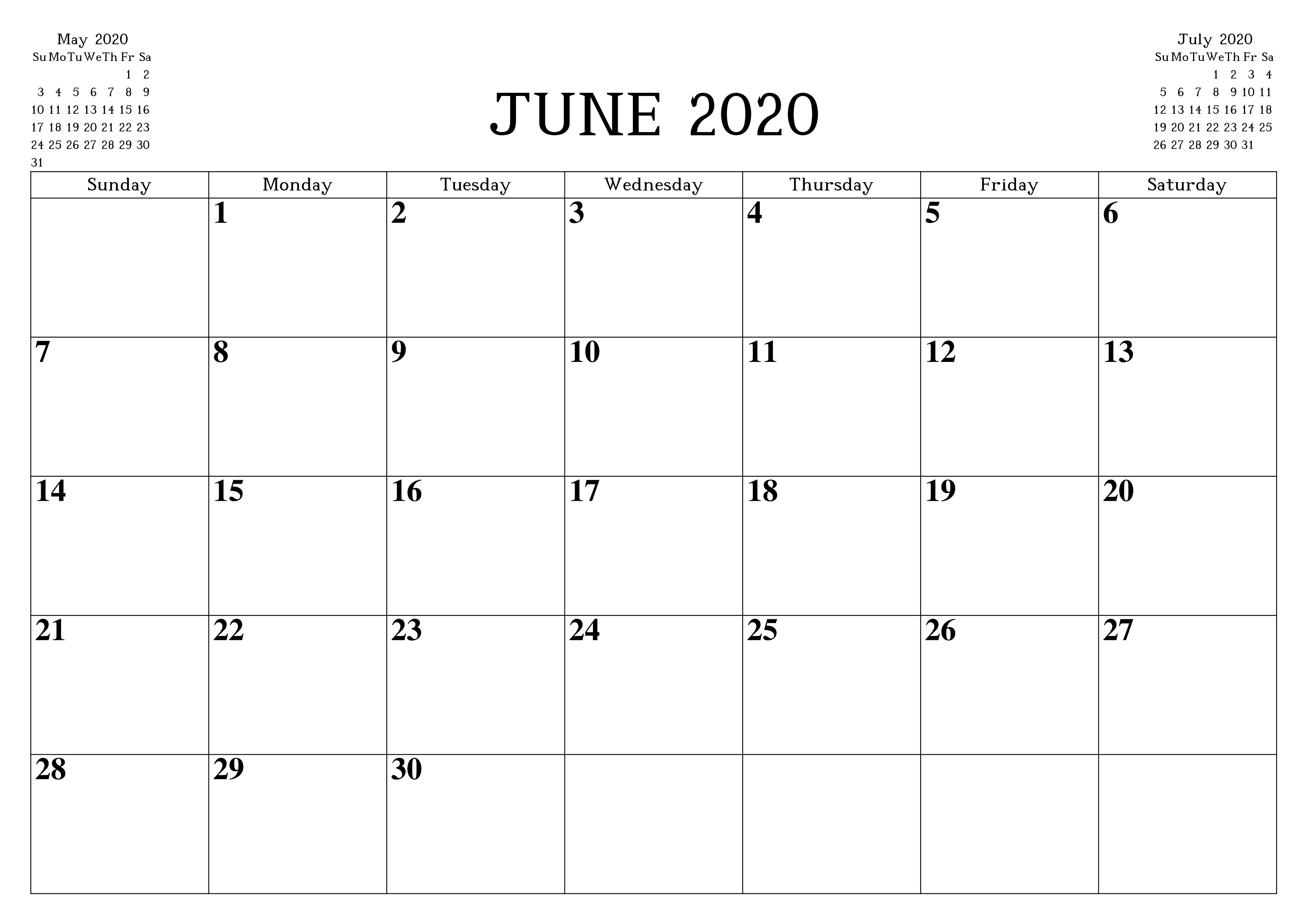 June 2020 Printable Calendar