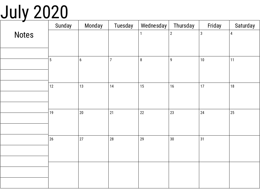 July 2020 Calendar