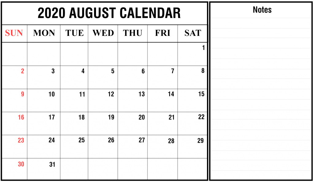 August 2020 Calendar