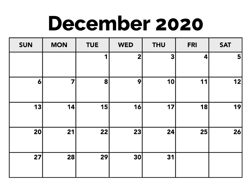 Calendar for December 2020