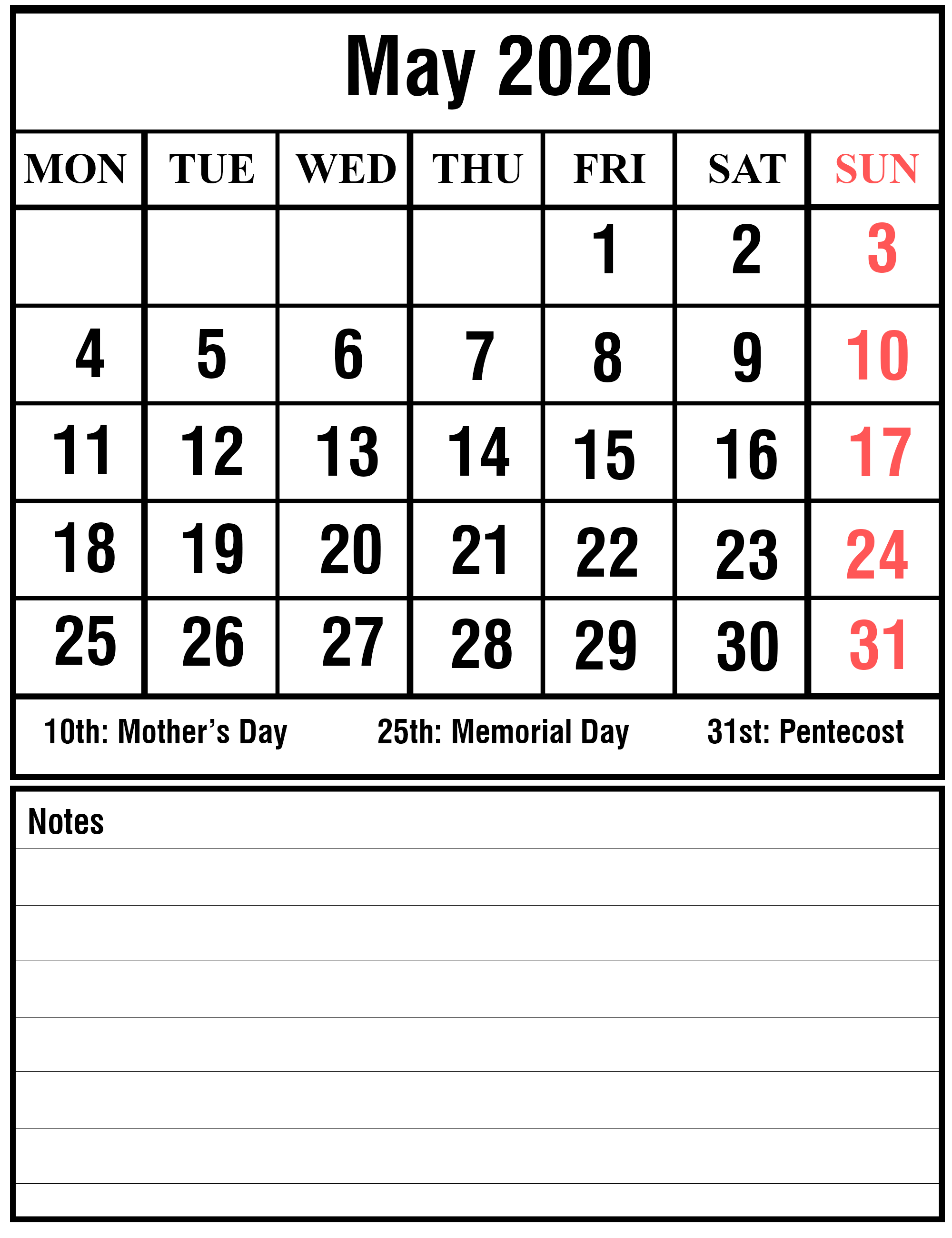 2020 Blank Calendar