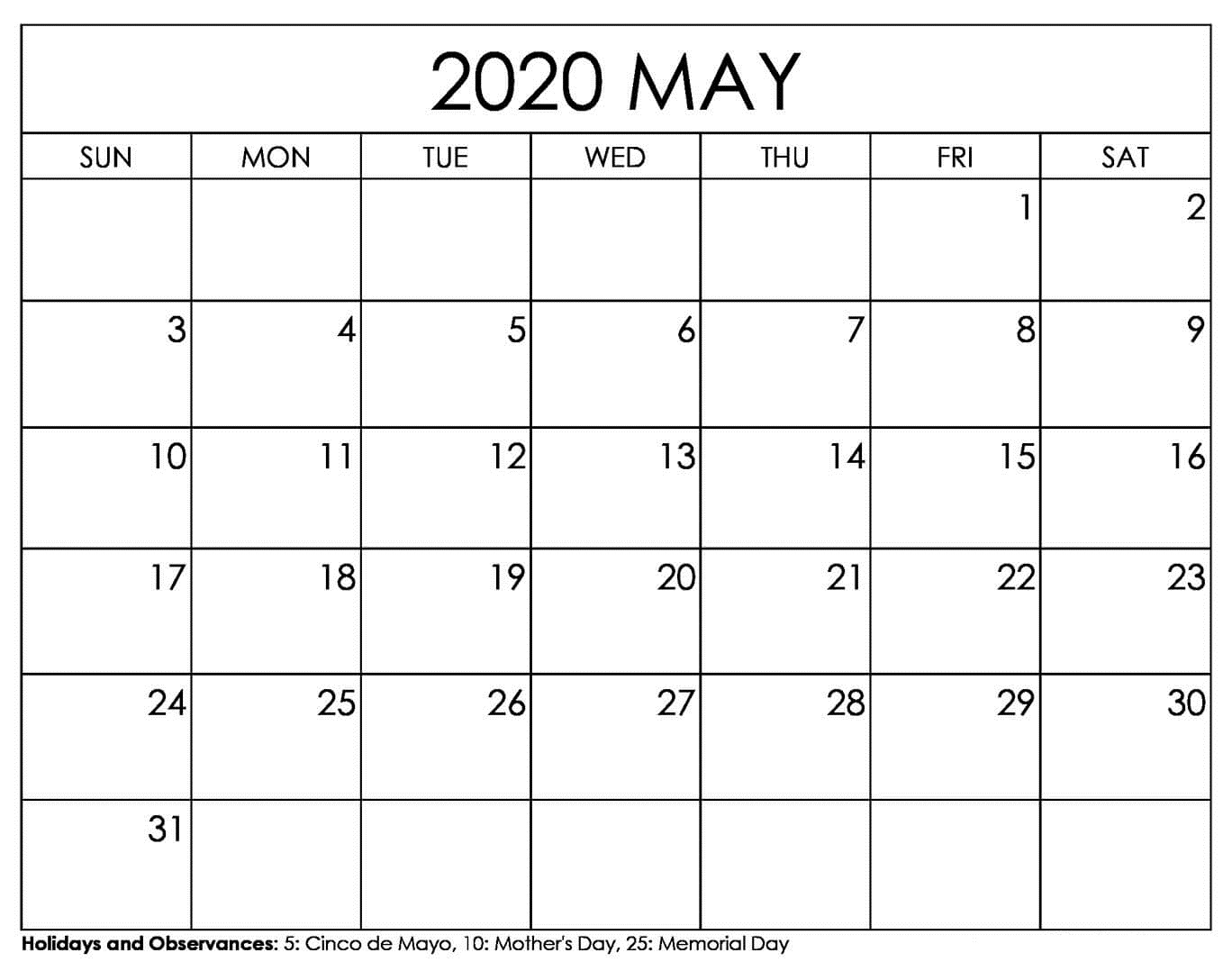 2020 Blank Calendar