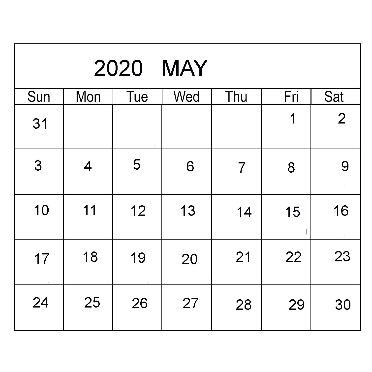 2020 Blank Calendar