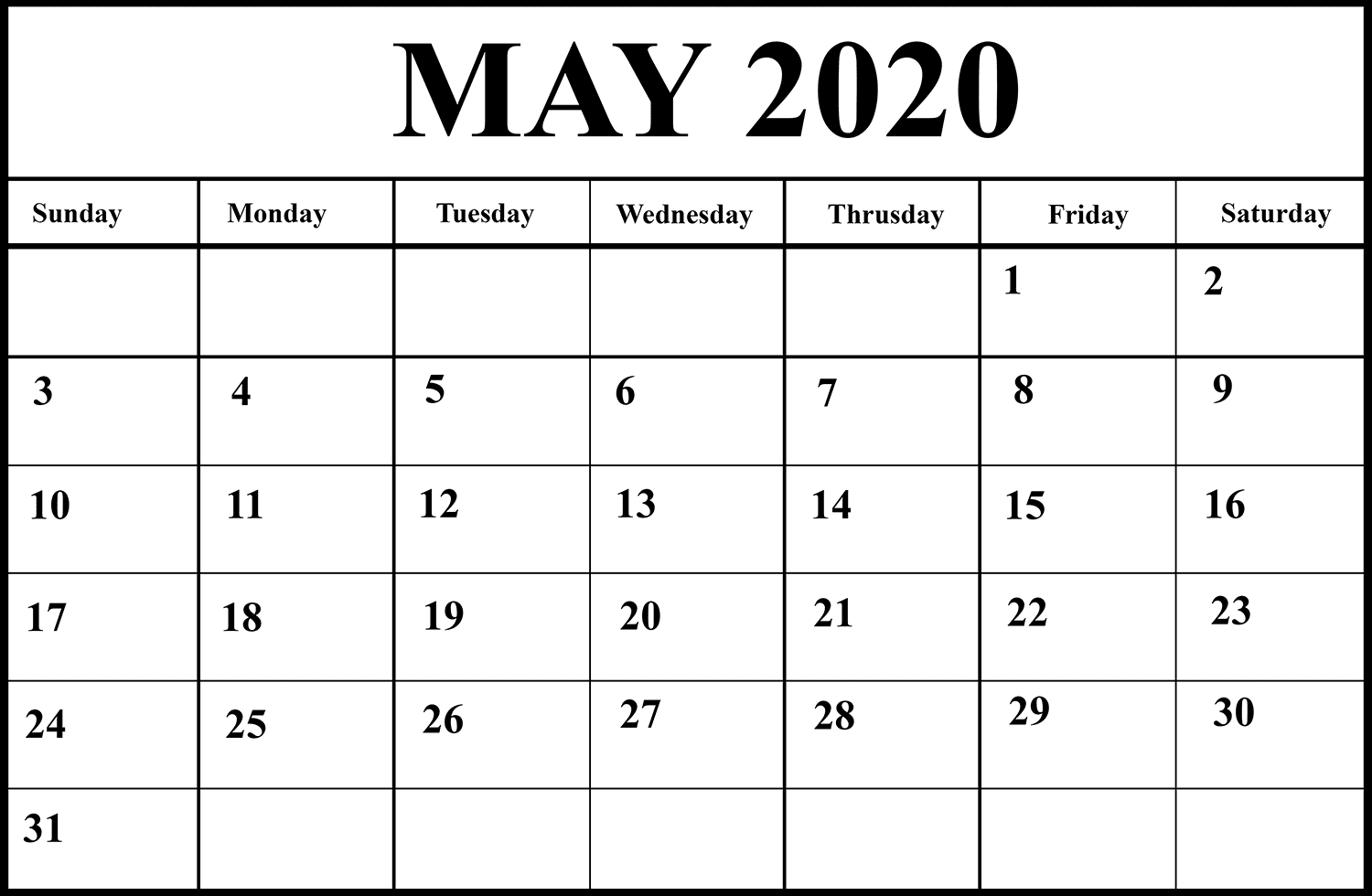 2020 Blank Calendar