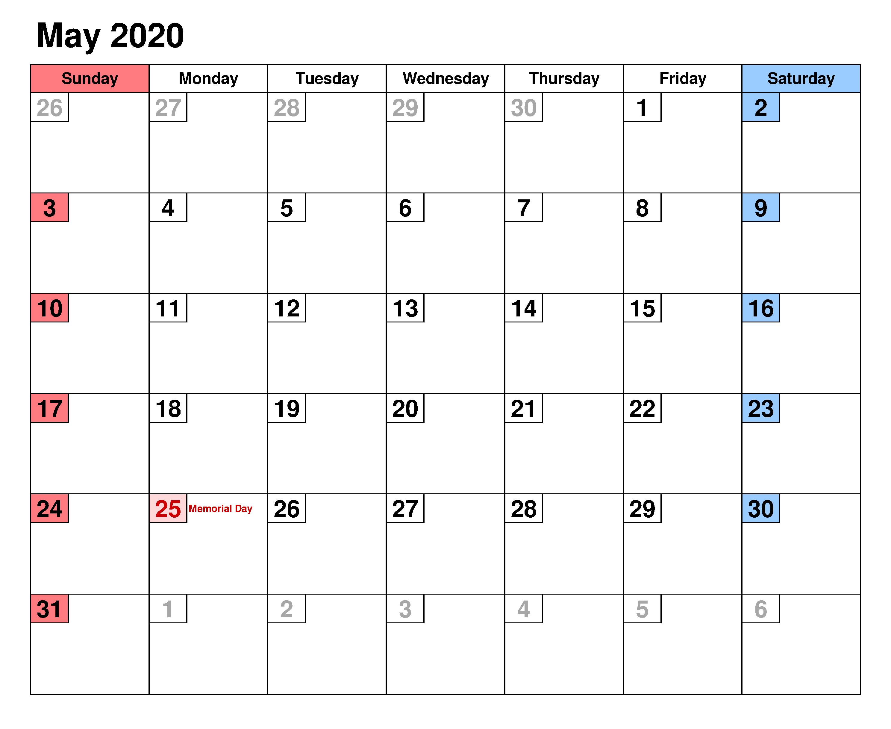 Blank Calendar 2020