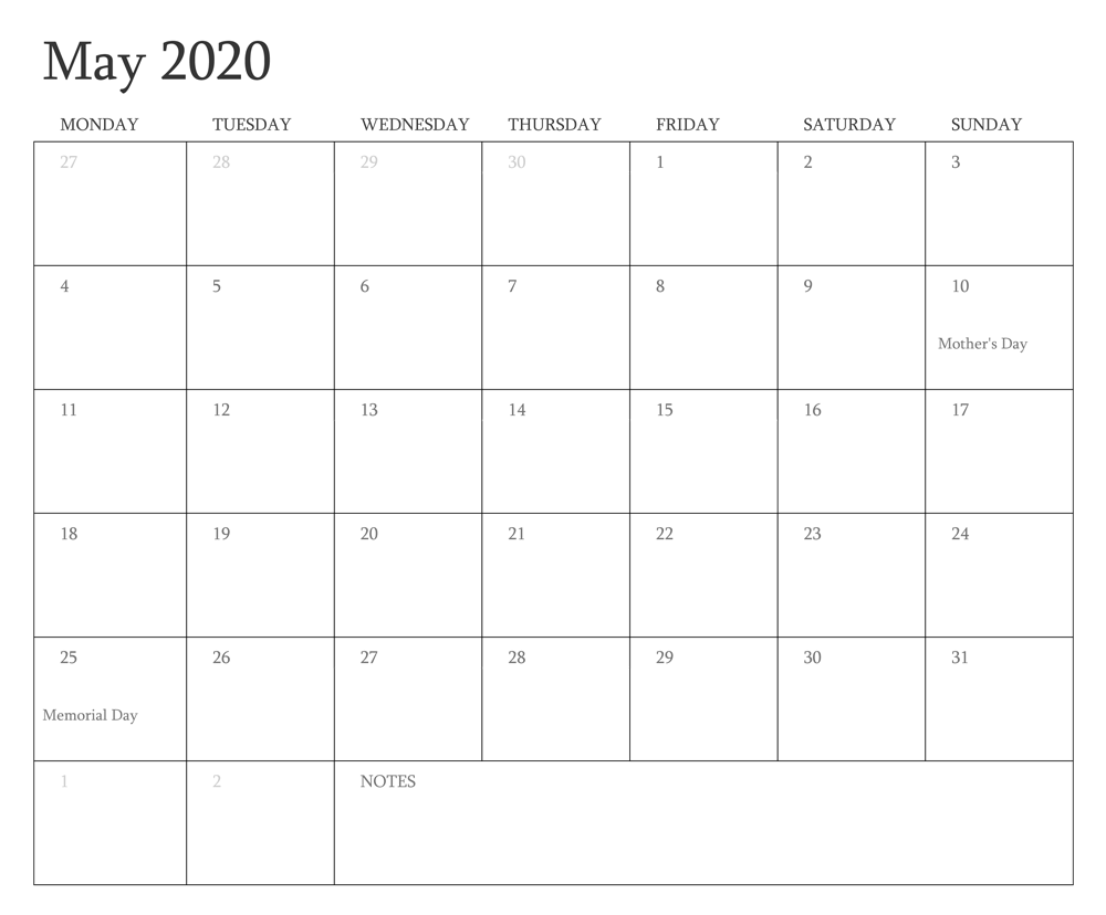 Blank Calendar 2020