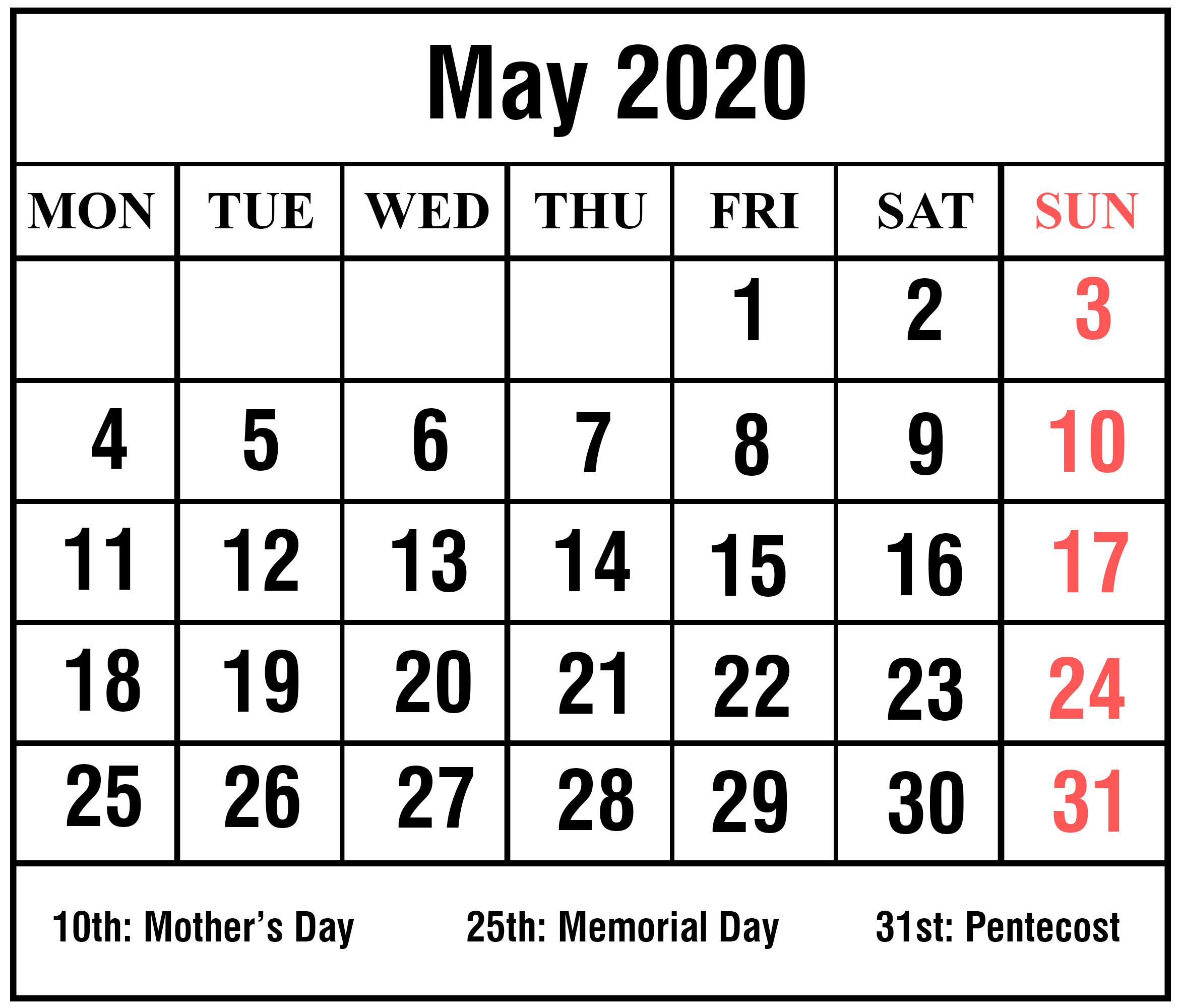 Blank Calendar 2020