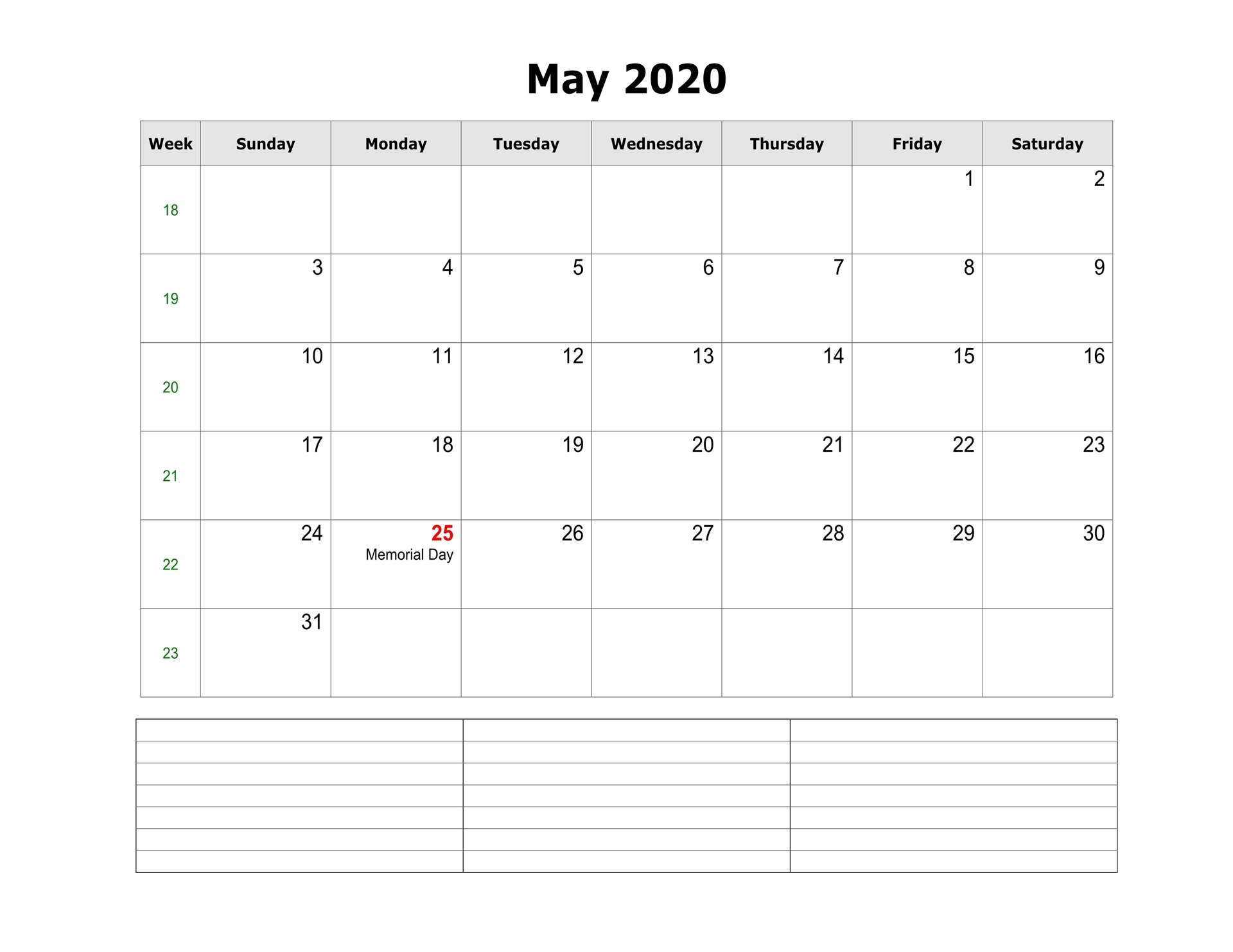 2020 Printable Calendar