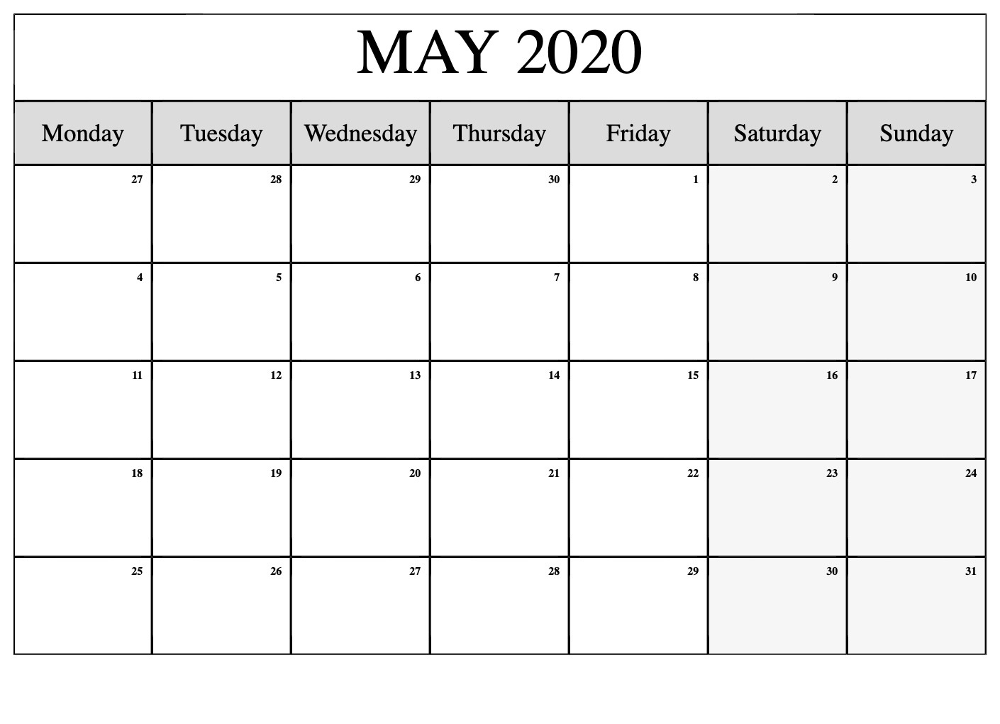 2020 Printable Calendar