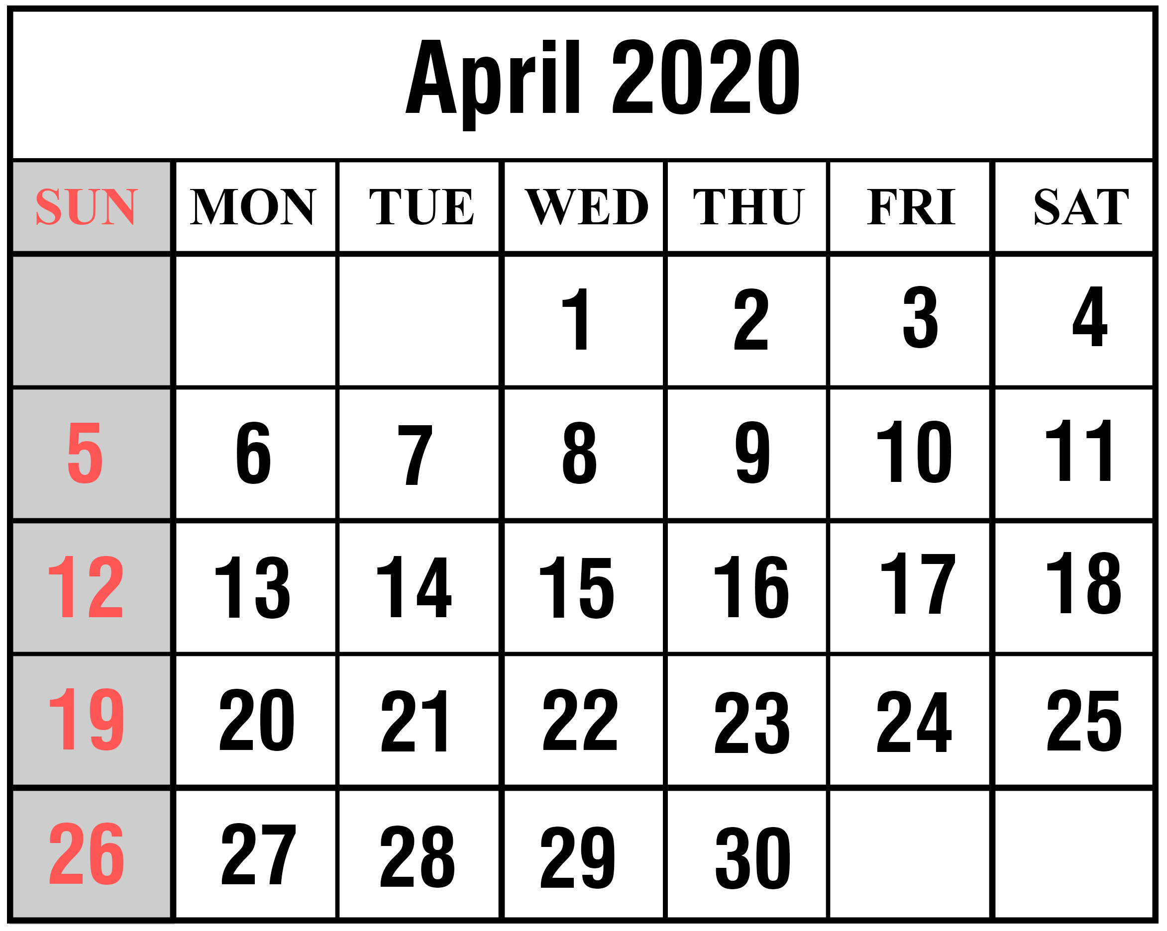 2020 Printable Calendar