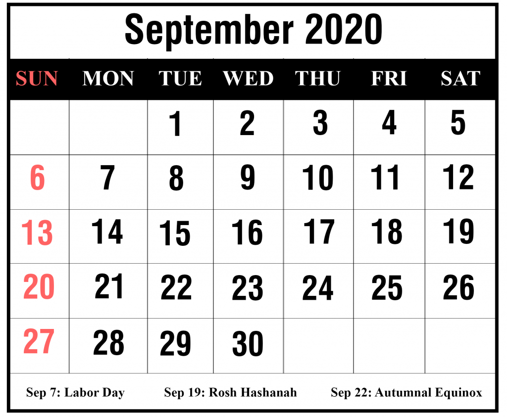 Calendar for September 2020