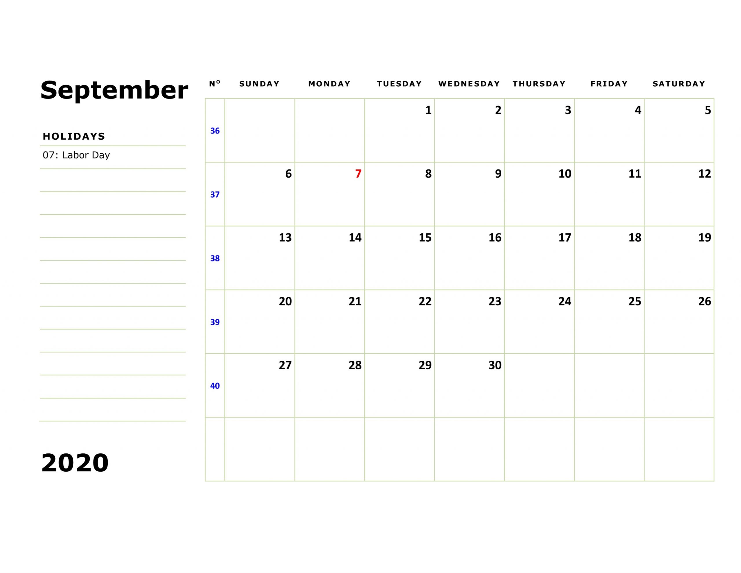 Calendar for September