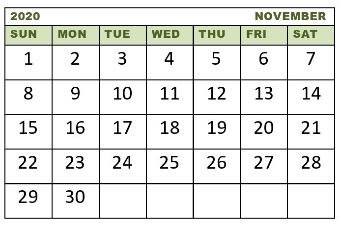 Calendar for November 2020