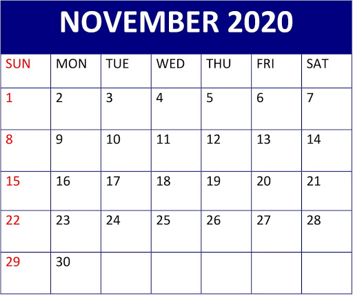 November 2020 Monthly Calendar Printable Blank Free Printable