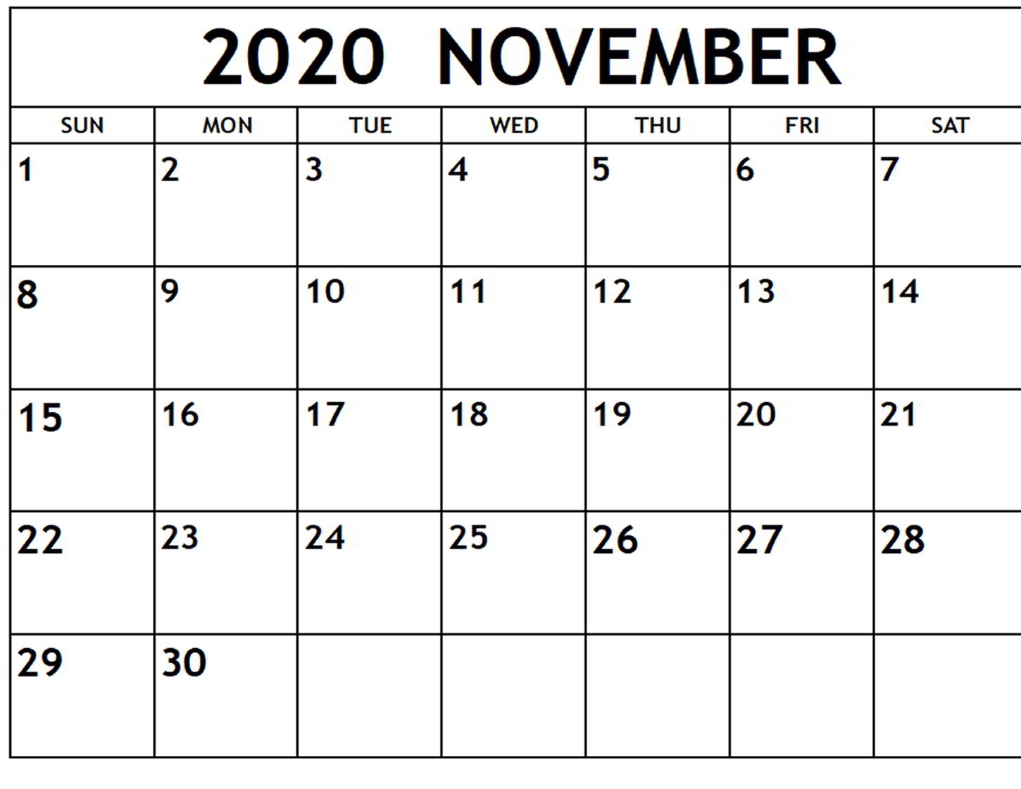 November 2020 Monthly Calendar Printable Blank Free Printable