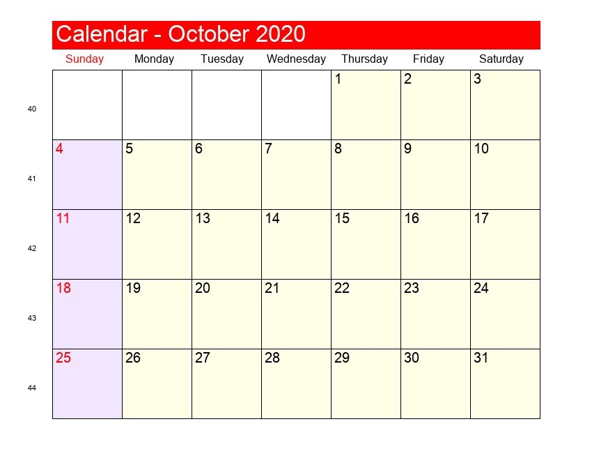 October 2020 Monthly Calendar