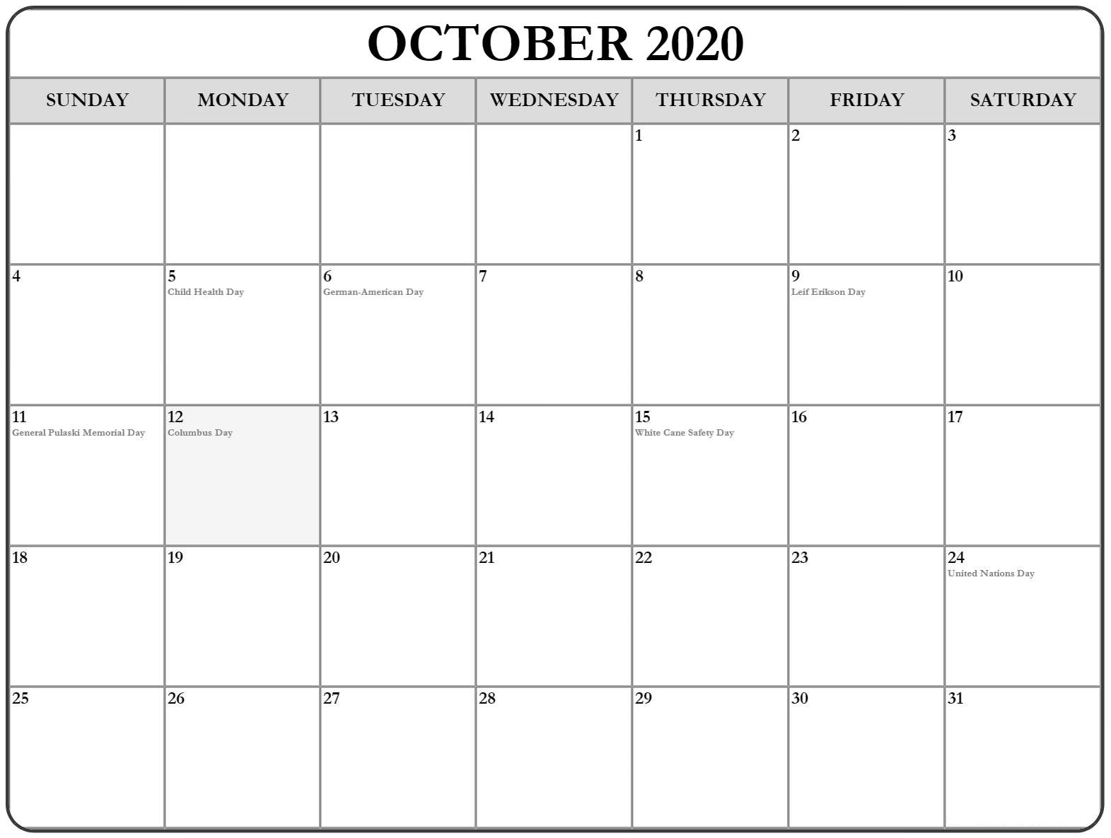 October 2020 Calendar