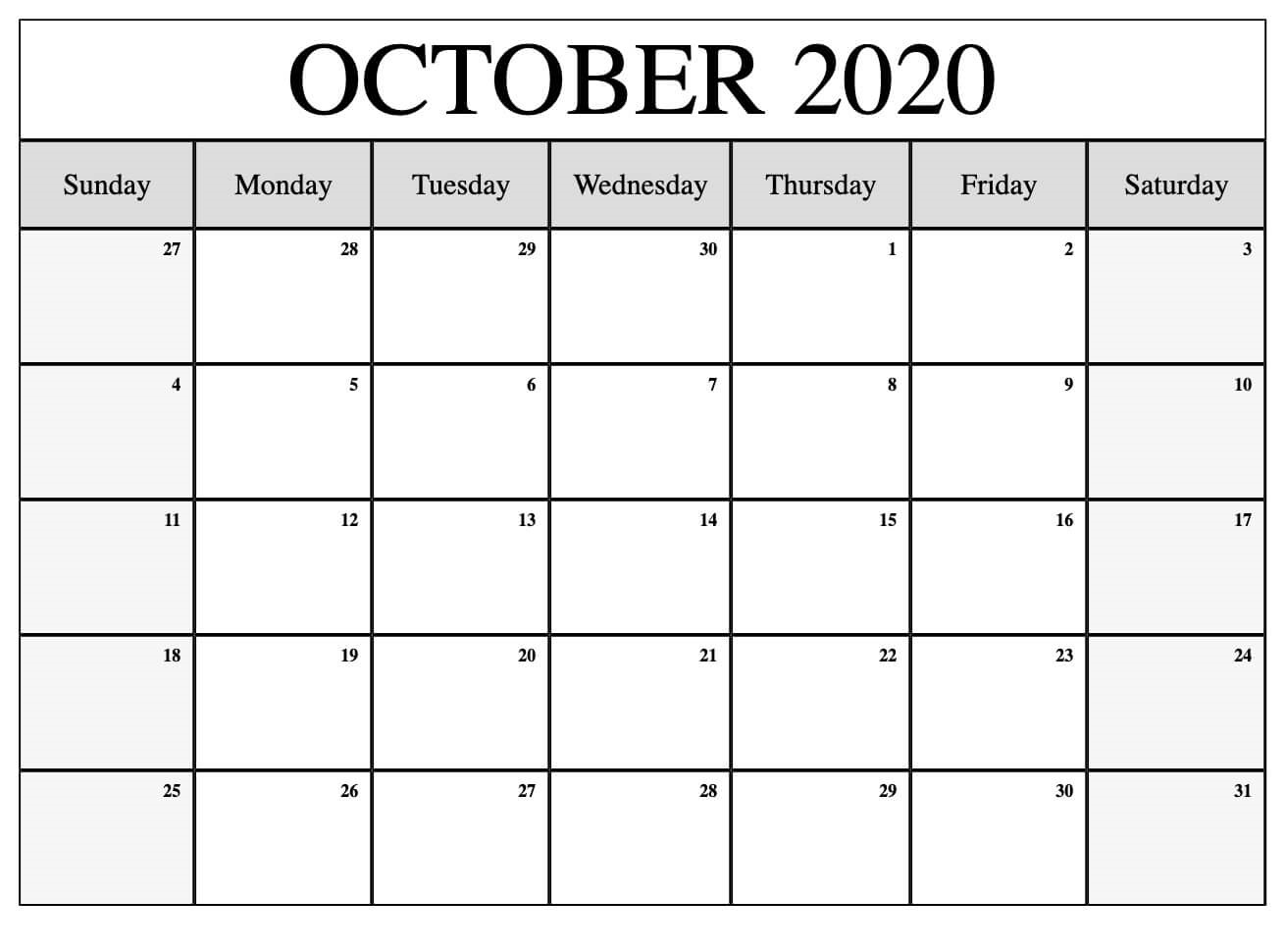 October 2020 Calendar