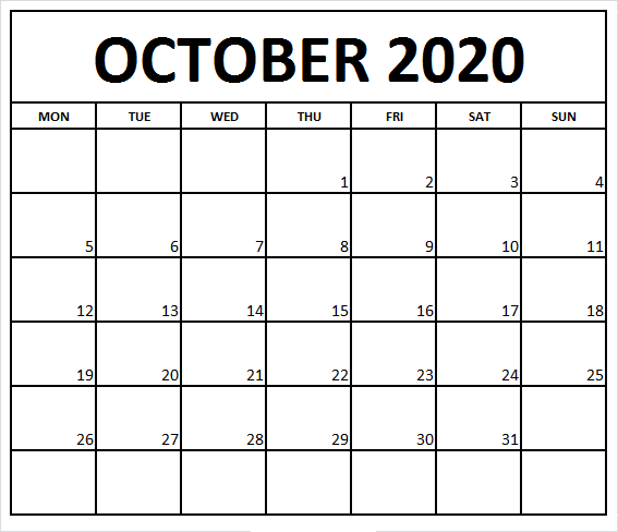 October 2020 Calendar