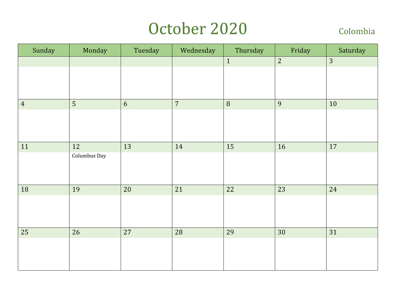 October 2020 Calendar