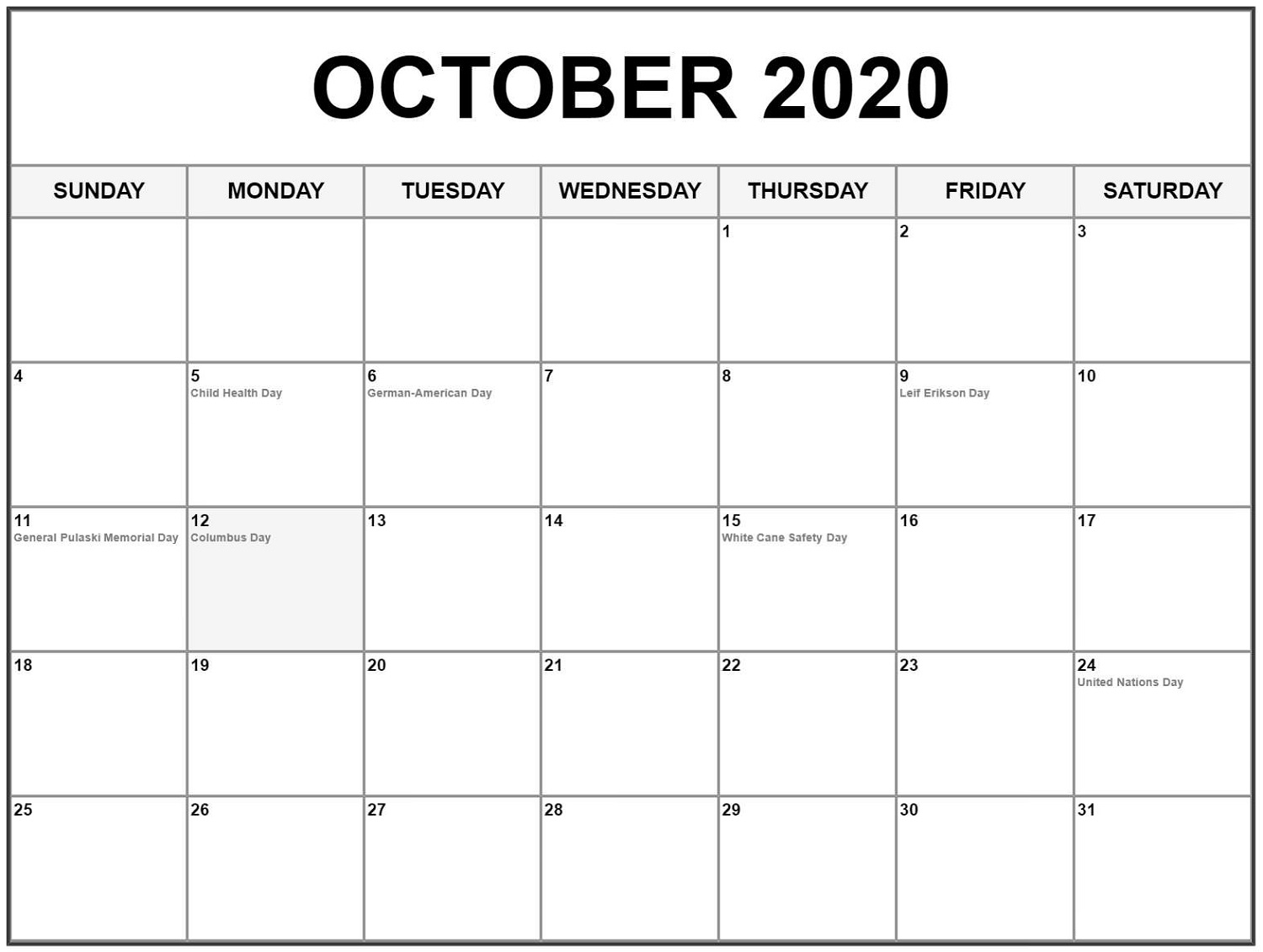 October 2020 Calendar