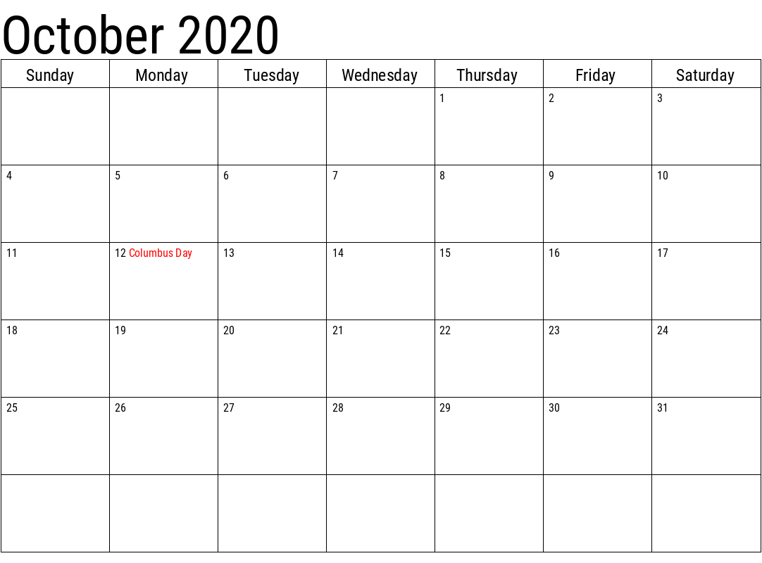 October Monthly Calendar