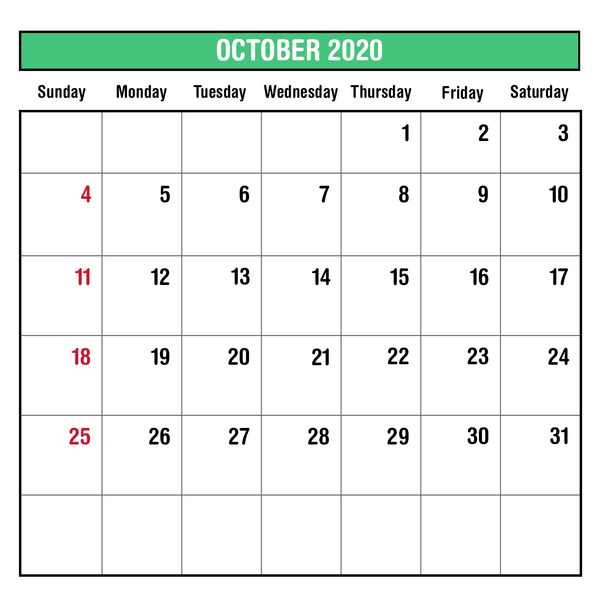 October Monthly Calendar