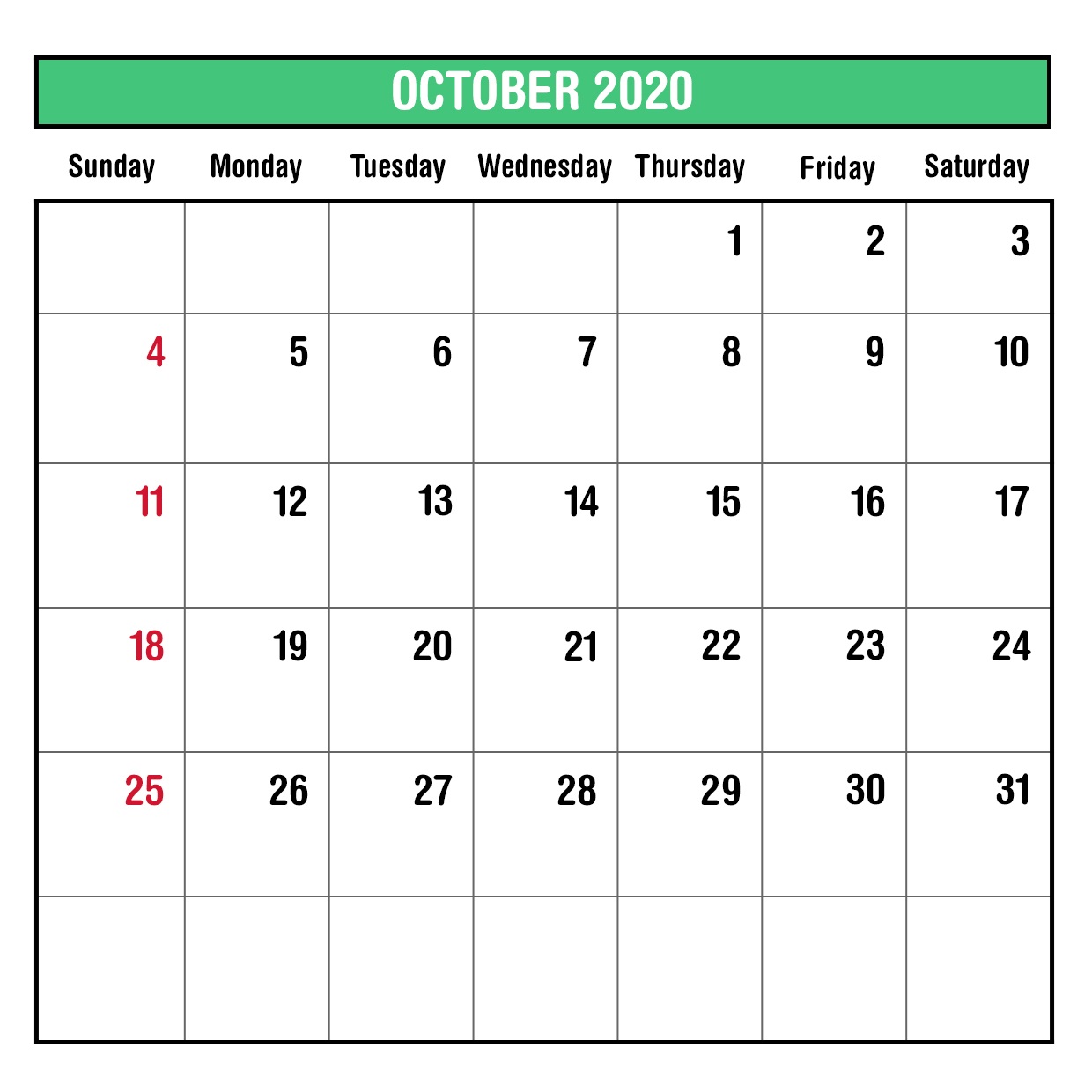 October Calendar 2020