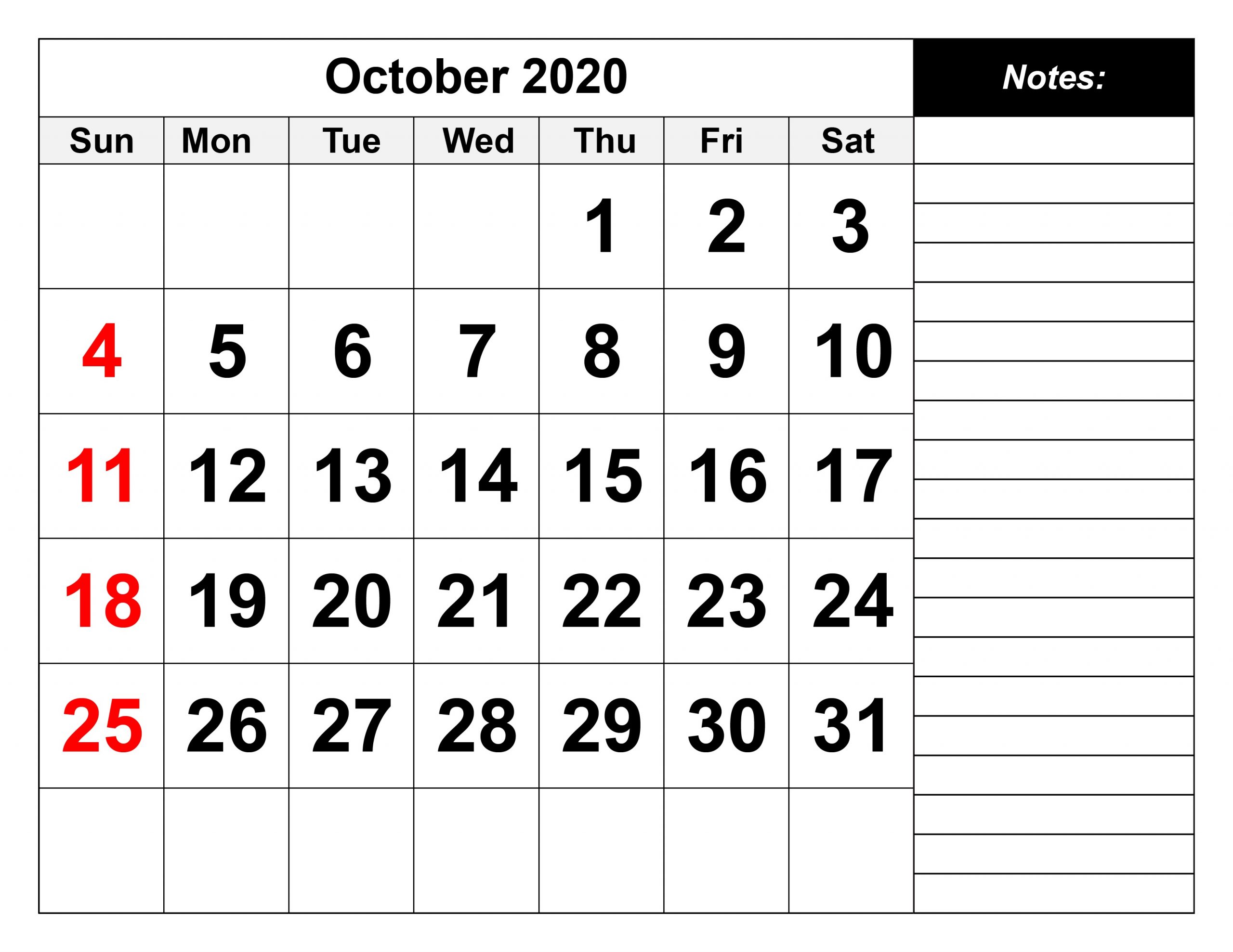 October Monthly Calendar